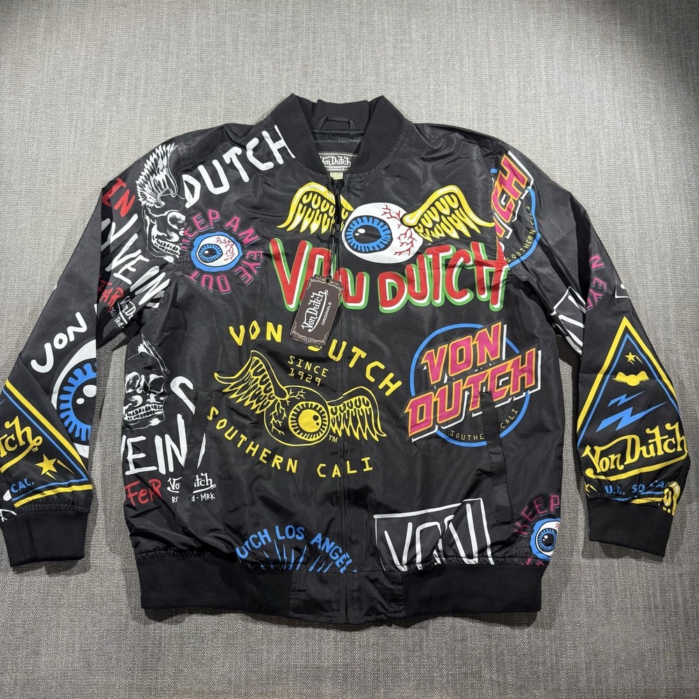 Von Dutch Jacket Mens XL Black Multicolor Graphic Bomber Full Zip Logo Allover
